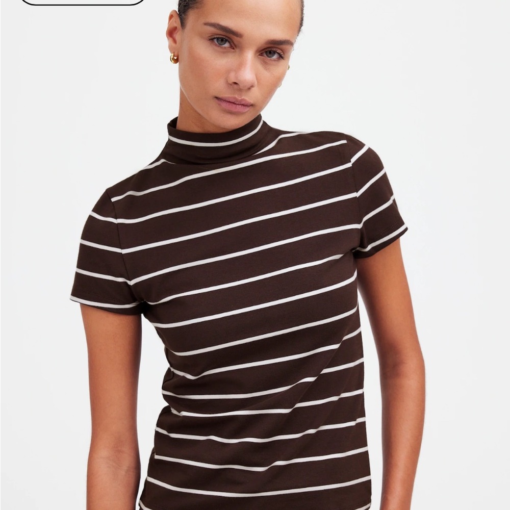 MADEWELL Short-Sleeve Mockneck Top in Brown and Ivory Stripe, Size M